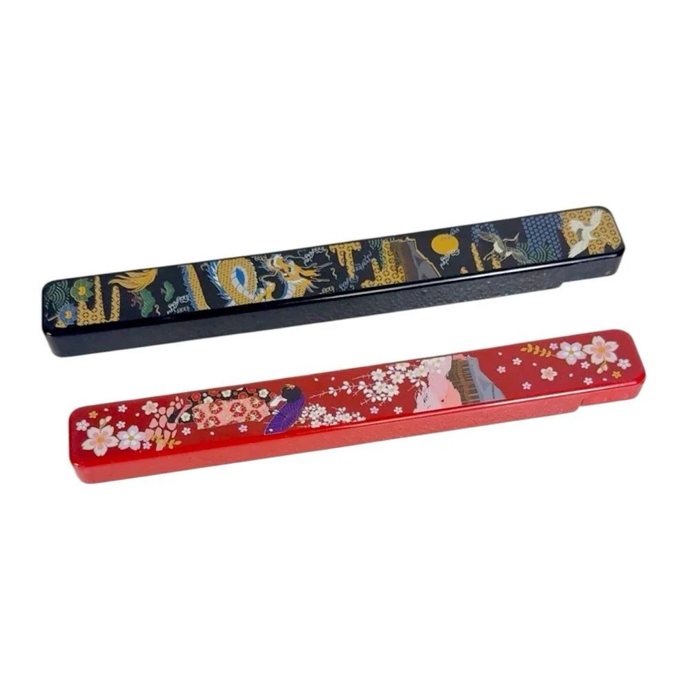 Japanese Travel Chopsticks 2 Pair Cases Dragon Geisha Cranes Sakura Red Black